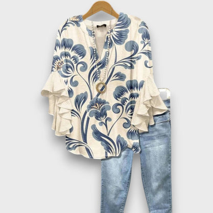 Women's Floral Print V-Neck Ruffle Sleeve Blouse Oversized - Image 12