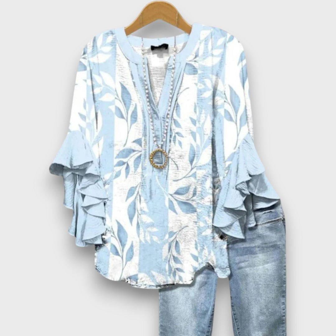 Women's Floral Print V-Neck Ruffle Sleeve Blouse Oversized - Image 2
