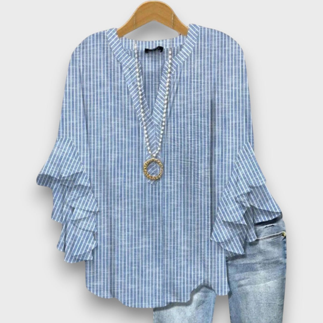 Women's Floral Print V-Neck Ruffle Sleeve Blouse Oversized - Image 3