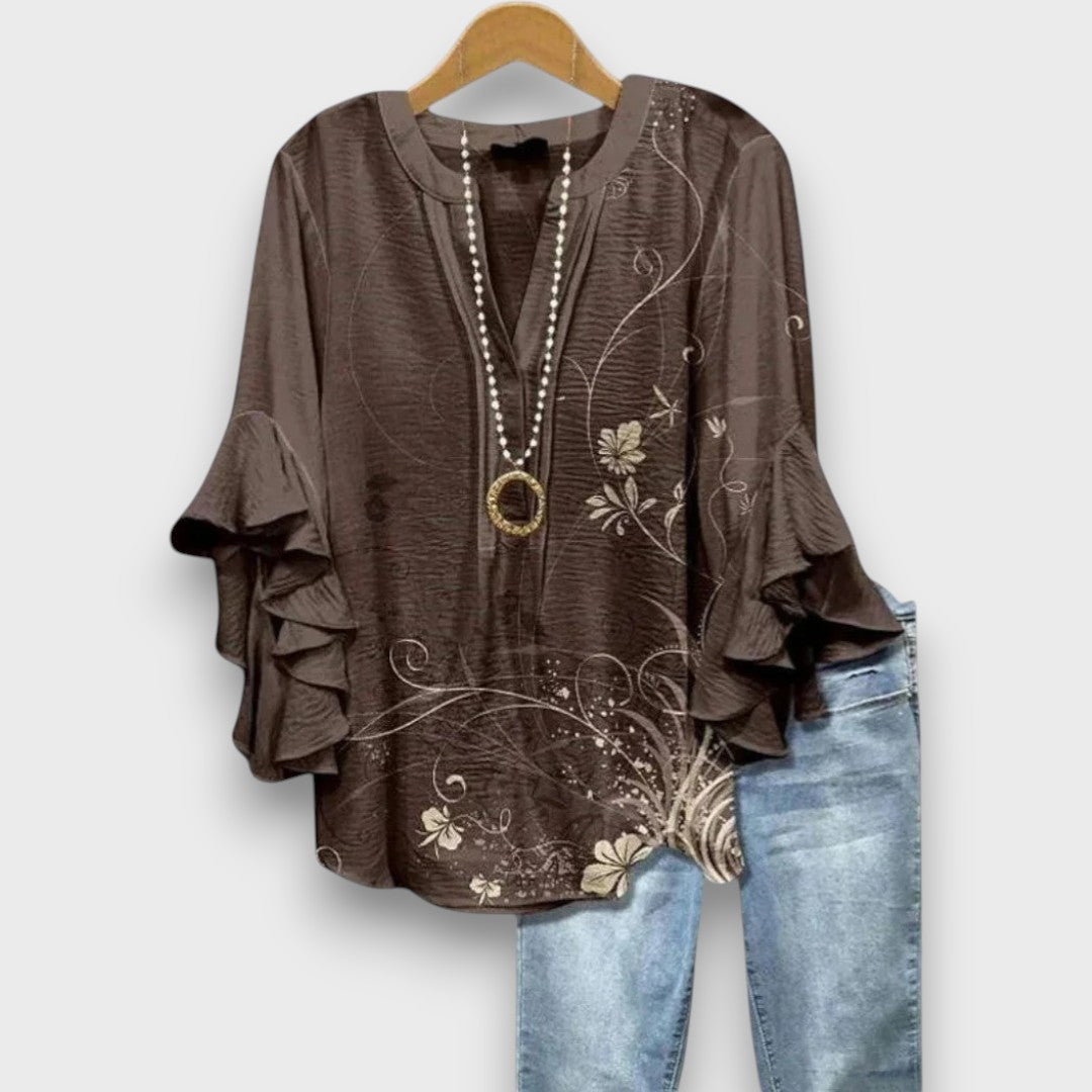 Women's Floral Print V-Neck Ruffle Sleeve Blouse Oversized - Image 5