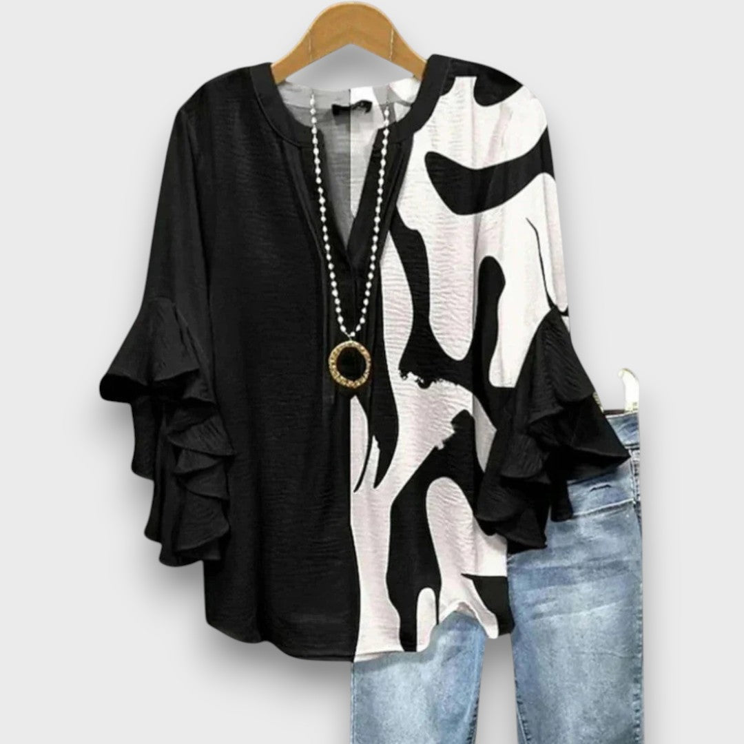Women's Floral Print V-Neck Ruffle Sleeve Blouse Oversized - Image 6