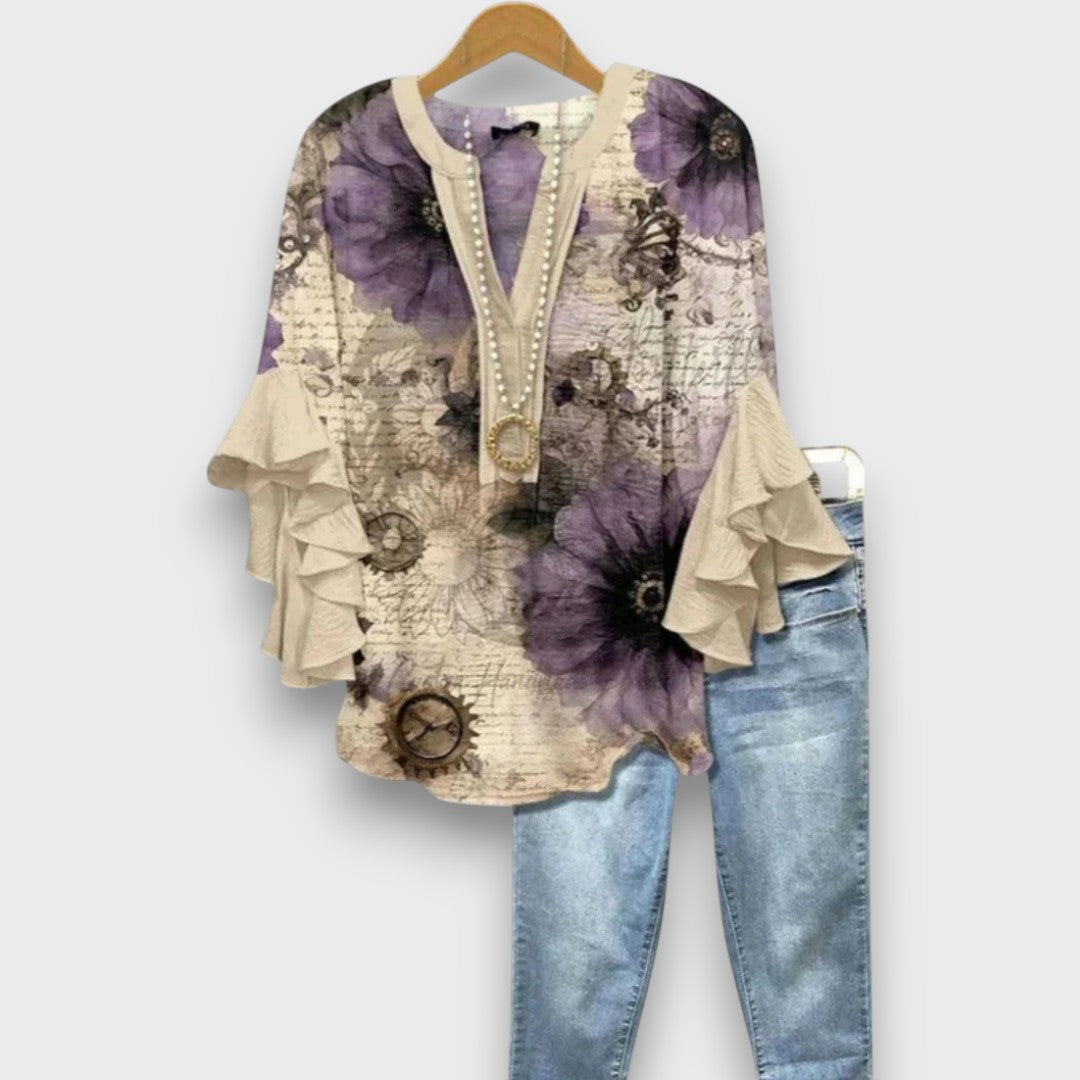 Women's Floral Print V-Neck Ruffle Sleeve Blouse Oversized - Image 7