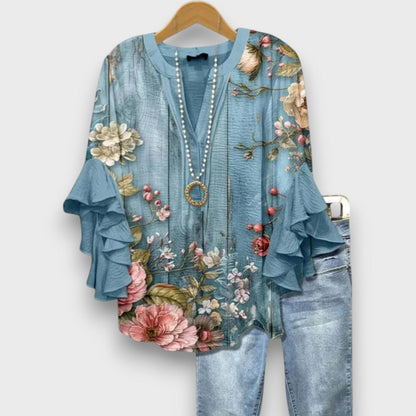 Women's Floral Print V-Neck Ruffle Sleeve Blouse Oversized - Image 8