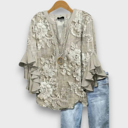Women's Floral Print V-Neck Ruffle Sleeve Blouse Oversized - Image 9