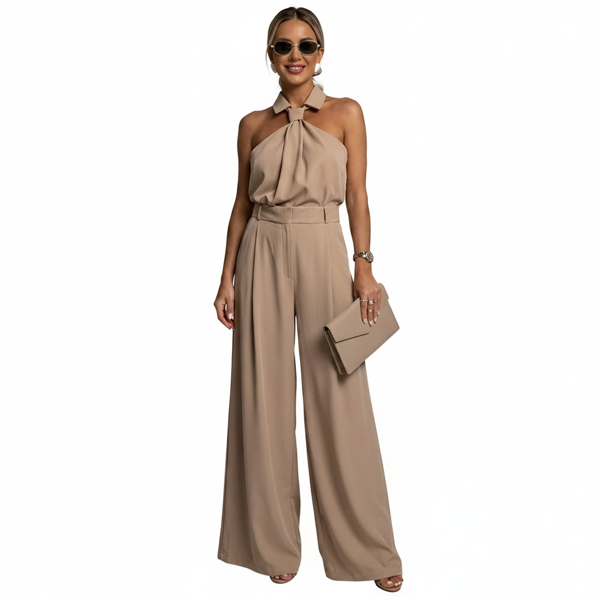 Women Halter Neck Wide Leg Formal Jumpsuit