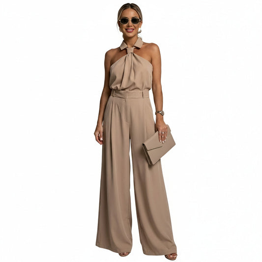 Women Halter Neck Wide Leg Formal Jumpsuit