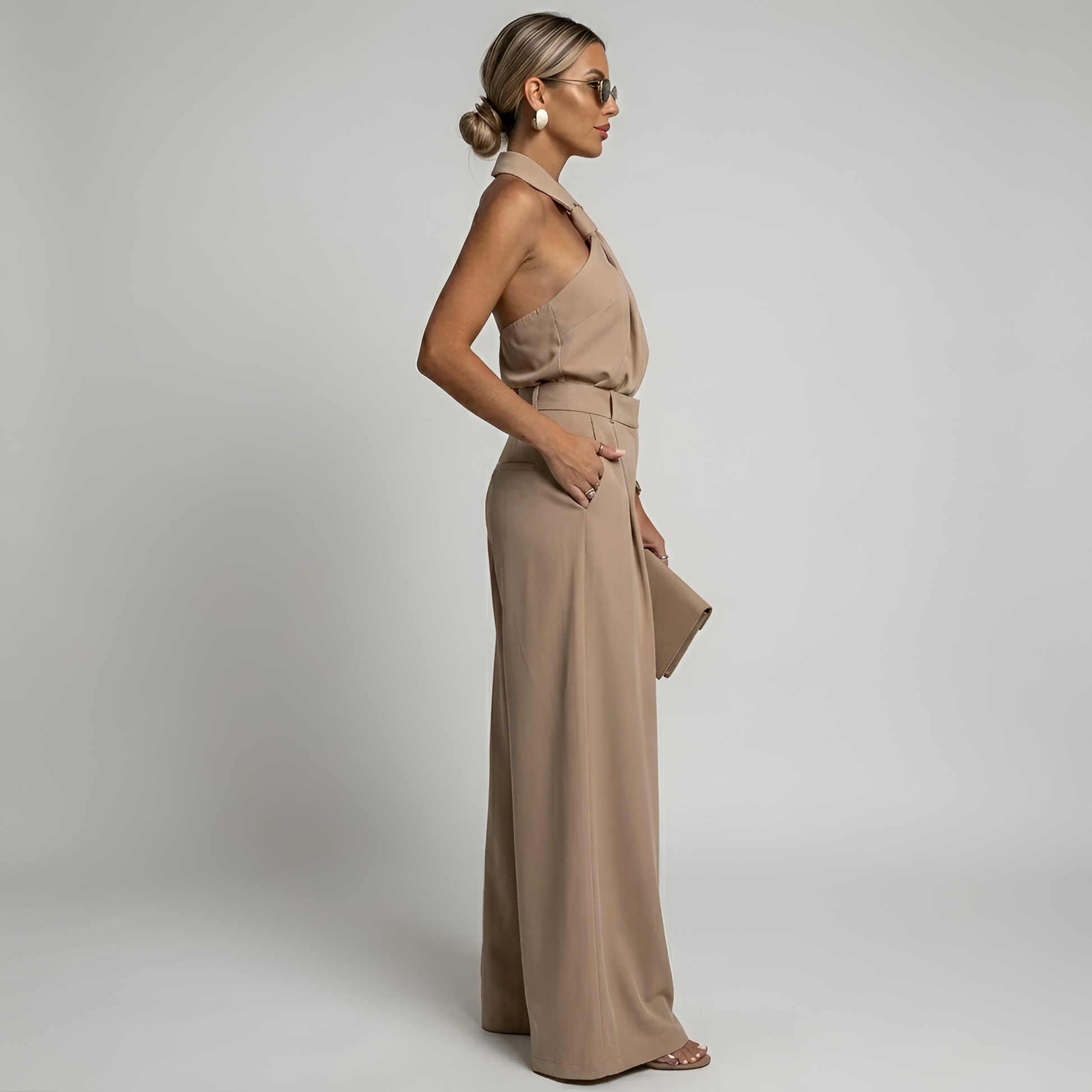 Women Halter Neck Wide Leg Formal Jumpsuit - Image 3