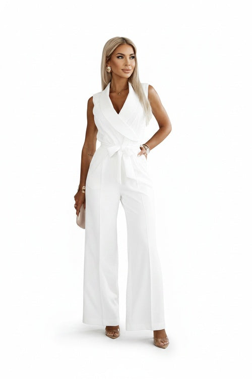 Women Sleeveless V-Neck Wide Leg Jumpsuit Tie Waist