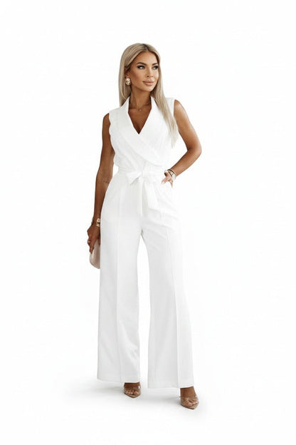 Women Sleeveless V-Neck Wide Leg Jumpsuit Tie Waist