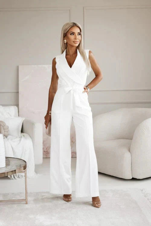 Women Sleeveless V-Neck Wide Leg Jumpsuit Tie Waist - Image 2