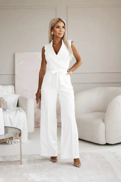 Women Sleeveless V-Neck Wide Leg Jumpsuit Tie Waist - Image 2