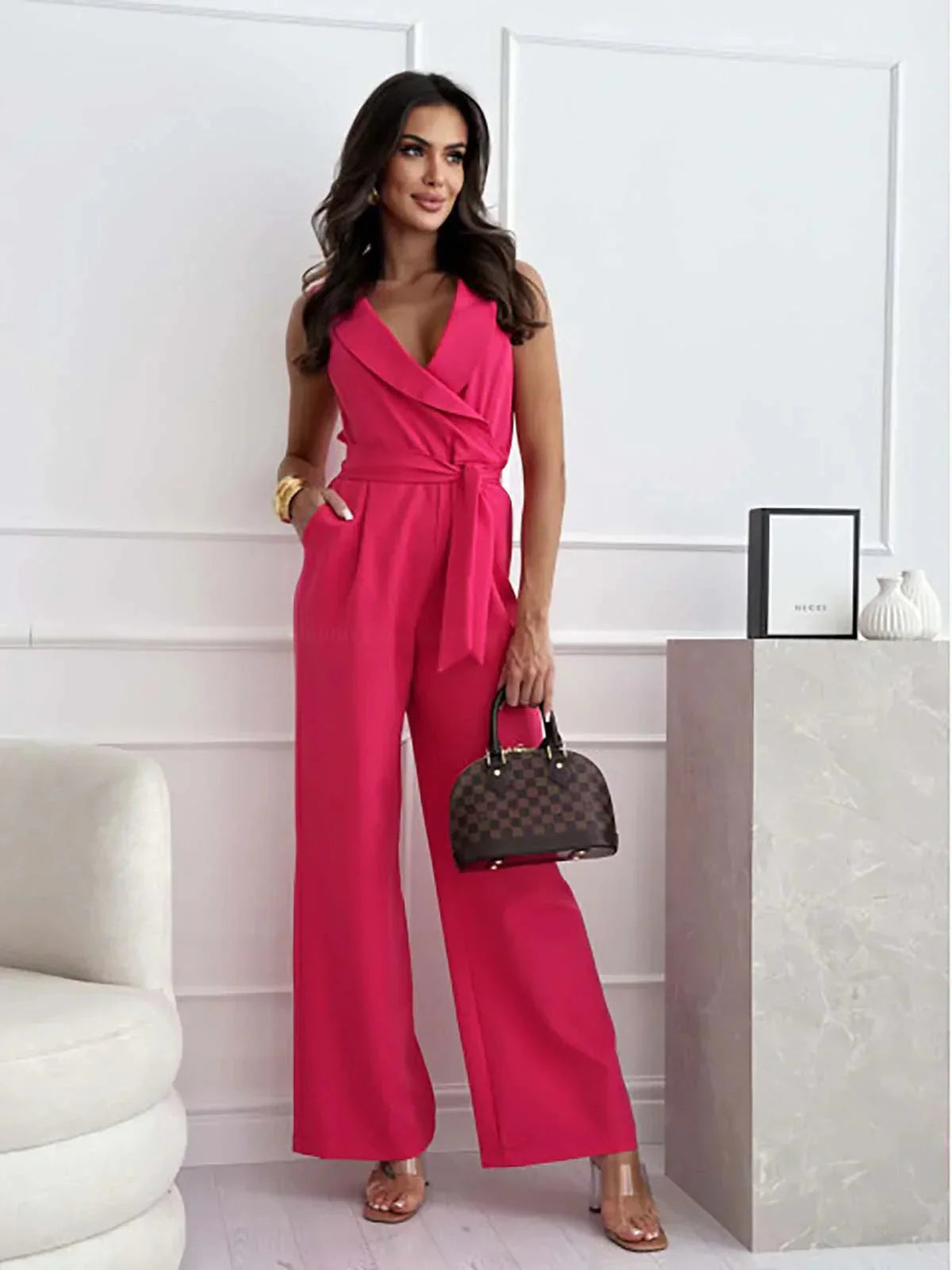 Women Sleeveless V-Neck Wide Leg Jumpsuit Tie Waist - Image 7