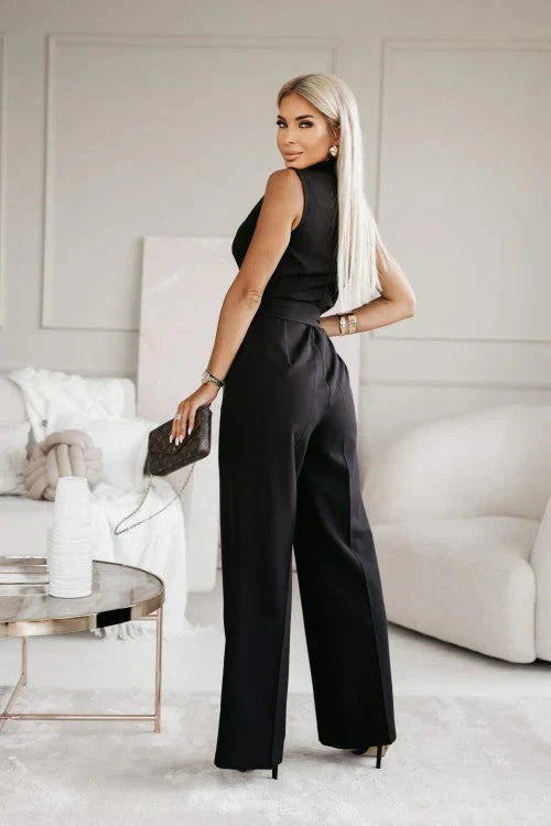 Women Sleeveless V-Neck Wide Leg Jumpsuit Tie Waist - Image 9