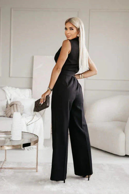 Women Sleeveless V-Neck Wide Leg Jumpsuit Tie Waist - Image 9