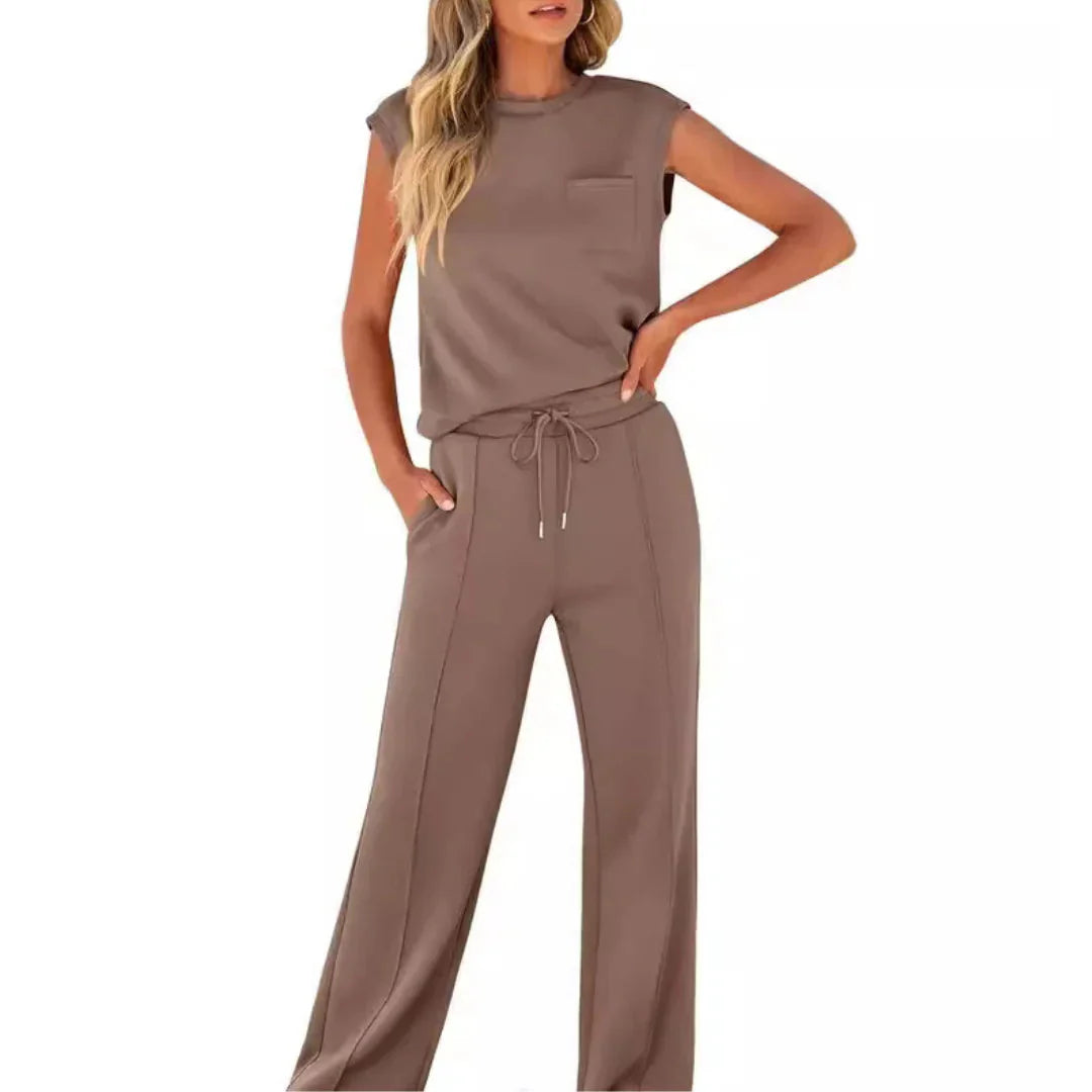 Women Two Piece Loungewear Set Sleeveless Wide Leg Pants - Image 2