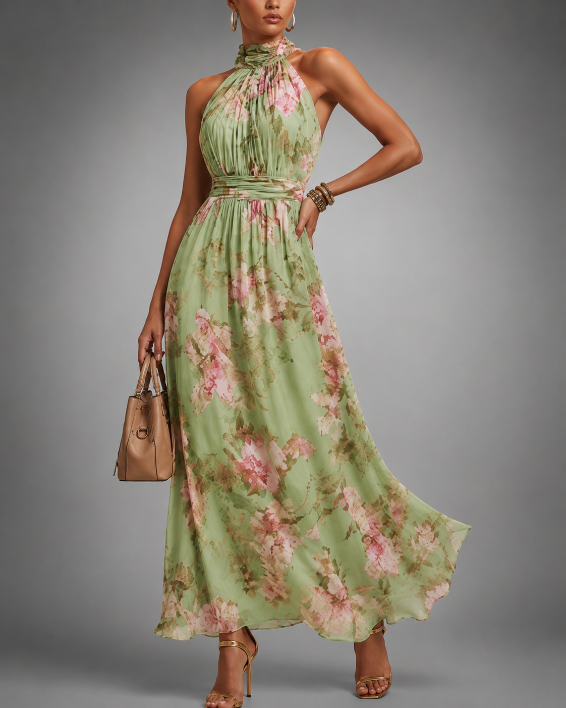 Women Halter Neck Floral Maxi Dress Wedding Guest A-Line - Image 4