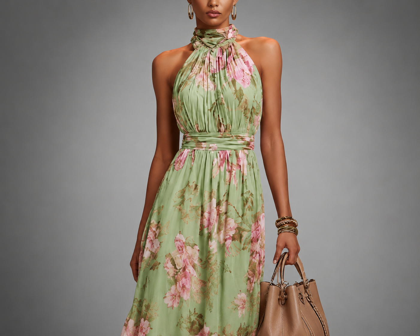Women Halter Neck Floral Maxi Dress Wedding Guest A-Line - Image 3