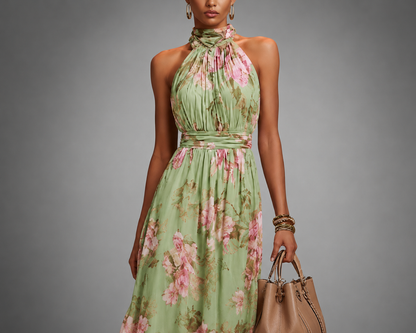 Women Halter Neck Floral Maxi Dress Wedding Guest A-Line - Image 3