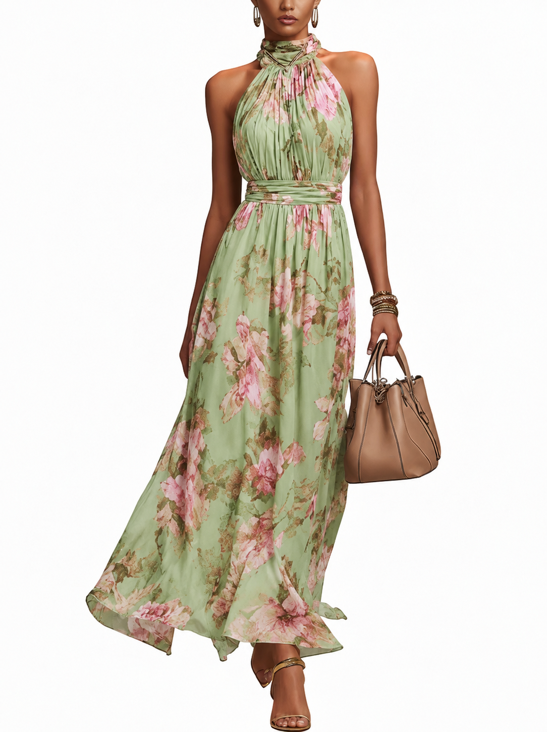 Women Halter Neck Floral Maxi Dress Wedding Guest A-Line