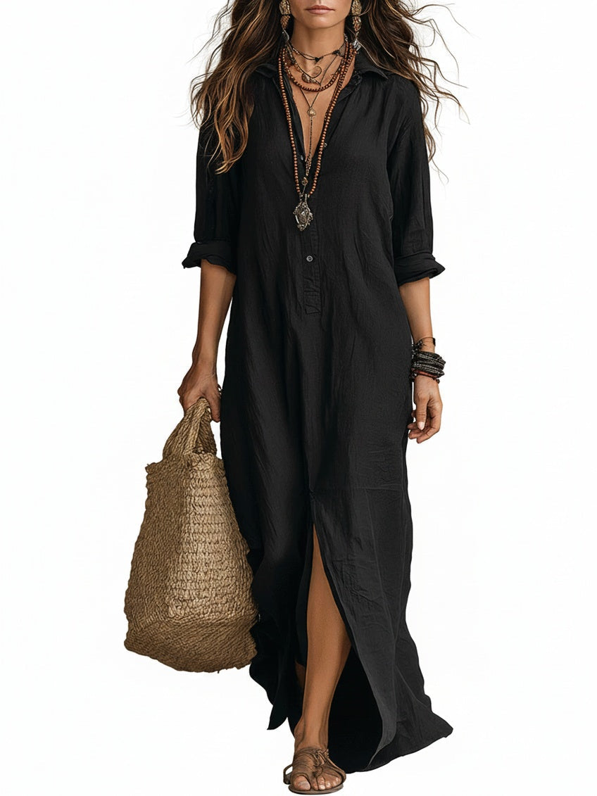 Women's Button Down Long Sleeve Maxi Shirt Dress Side Slit