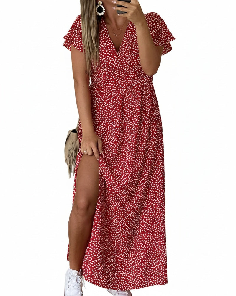 Women Floral V-Neck Maxi Dress Ruffle Sleeve Side Slit