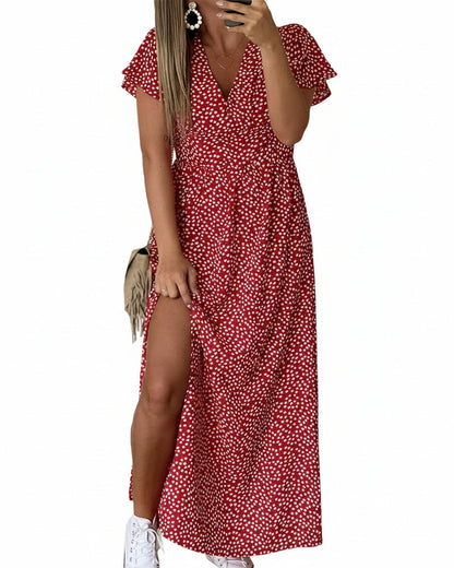 Women Floral V-Neck Maxi Dress Ruffle Sleeve Side Slit