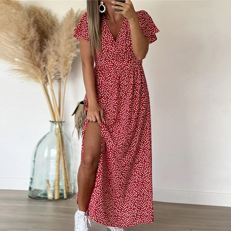 Women Floral V-Neck Maxi Dress Ruffle Sleeve Side Slit - Image 10