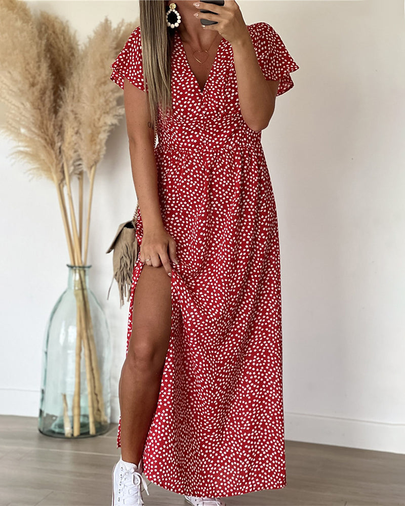 Women Floral V-Neck Maxi Dress Ruffle Sleeve Side Slit - Image 2