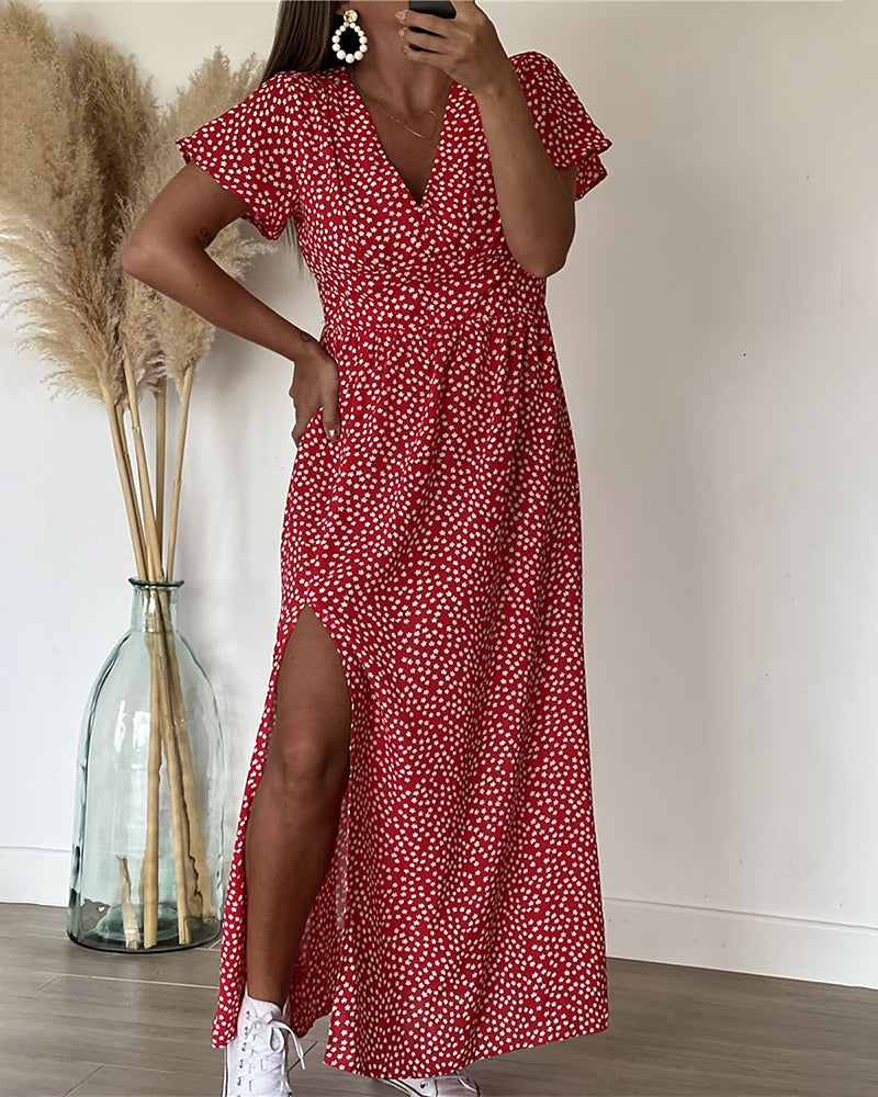 Women Floral V-Neck Maxi Dress Ruffle Sleeve Side Slit - Image 3