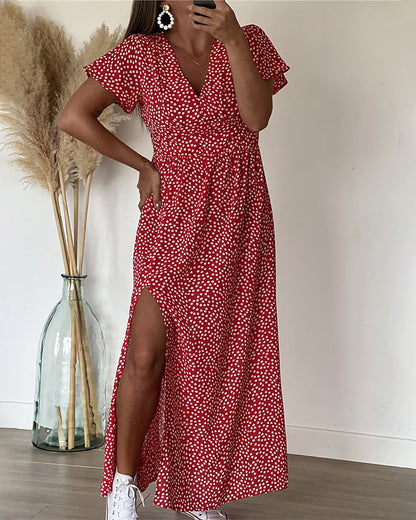 Women Floral V-Neck Maxi Dress Ruffle Sleeve Side Slit - Image 3