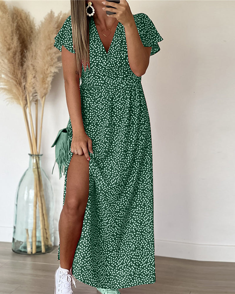 Women Floral V-Neck Maxi Dress Ruffle Sleeve Side Slit - Image 4