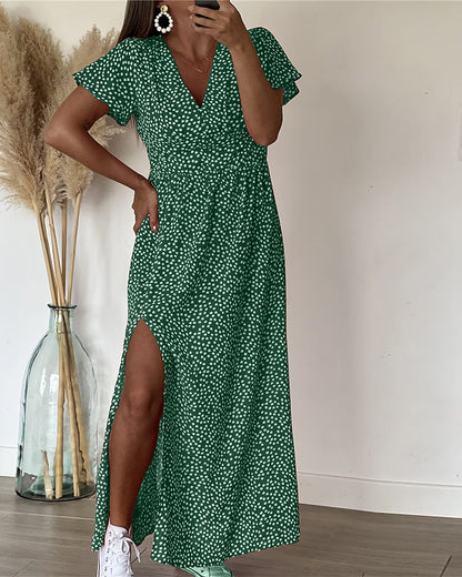 Women Floral V-Neck Maxi Dress Ruffle Sleeve Side Slit - Image 5