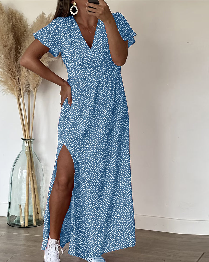 Women Floral V-Neck Maxi Dress Ruffle Sleeve Side Slit - Image 7