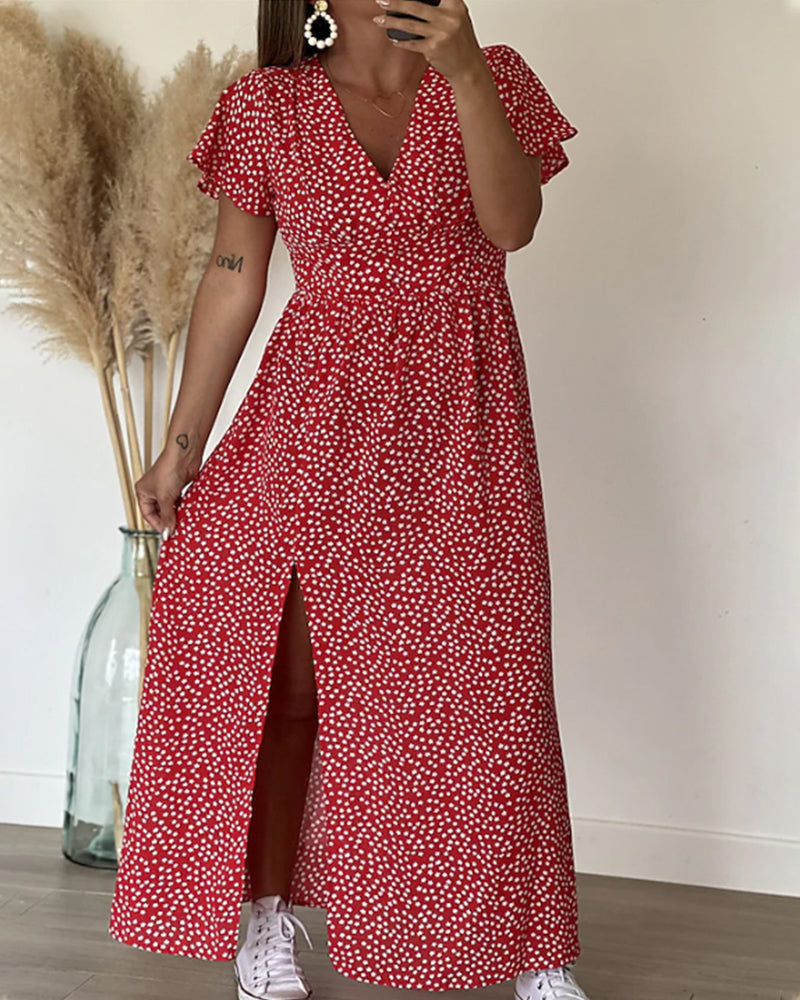 Women Floral V-Neck Maxi Dress Ruffle Sleeve Side Slit - Image 8