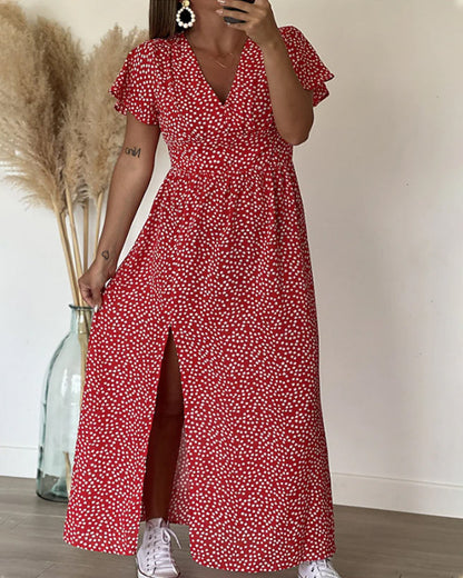 Women Floral V-Neck Maxi Dress Ruffle Sleeve Side Slit - Image 8