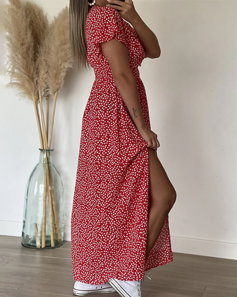 Women Floral V-Neck Maxi Dress Ruffle Sleeve Side Slit - Image 9