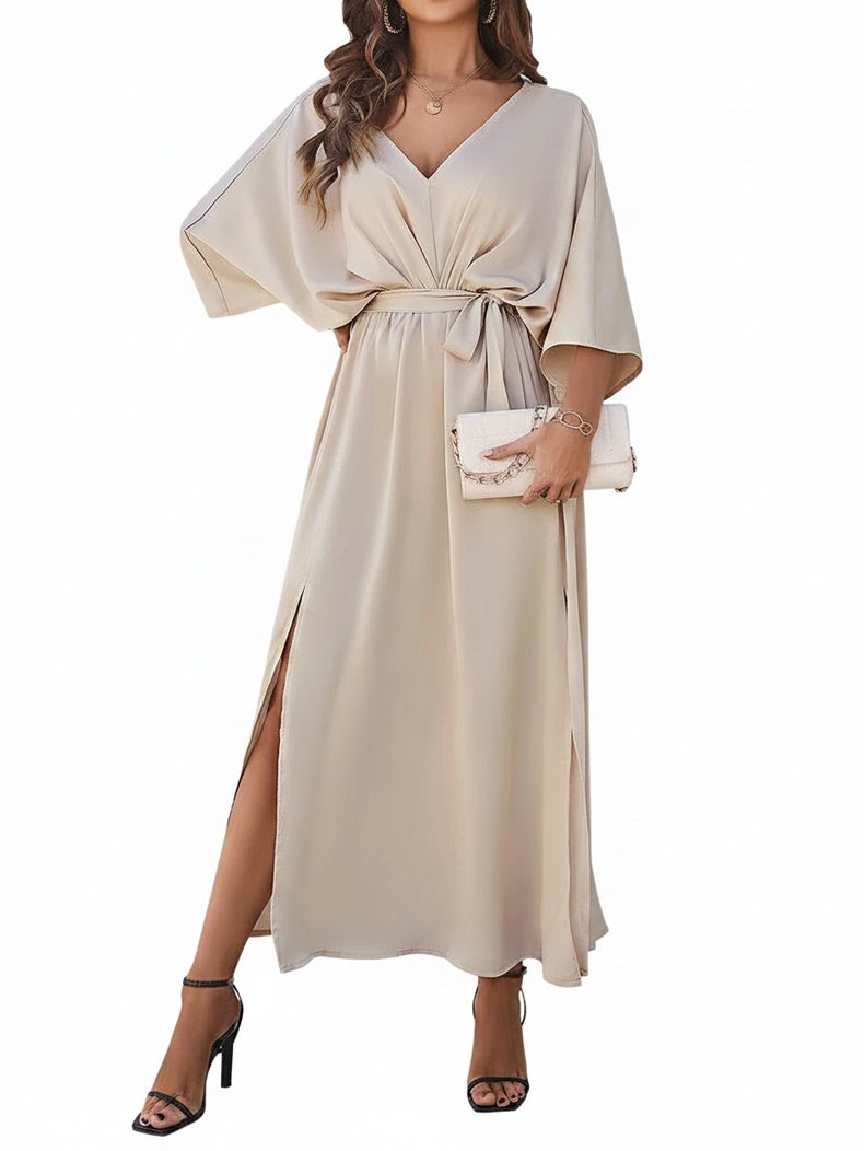 Women V-Neck Batwing Sleeve Tie Waist Maxi Dress Slit