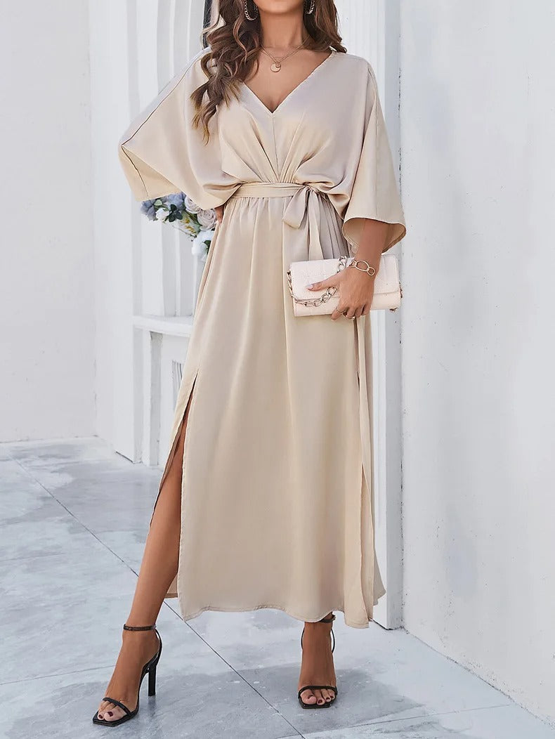 Women V-Neck Batwing Sleeve Tie Waist Maxi Dress Slit - Image 2