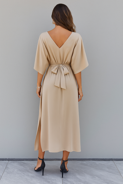 Women V-Neck Batwing Sleeve Tie Waist Maxi Dress Slit - Image 4