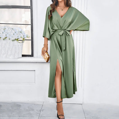 Women V-Neck Batwing Sleeve Tie Waist Maxi Dress Slit - Image 5