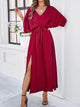 Women V-Neck Batwing Sleeve Tie Waist Maxi Dress Slit - Image 6