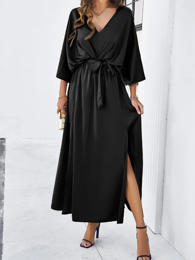 Women V-Neck Batwing Sleeve Tie Waist Maxi Dress Slit - Image 7
