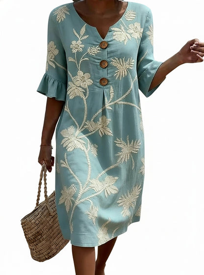 Women Floral V-Neck Midi Dress Button Front 3/4 Sleeve Pockets
