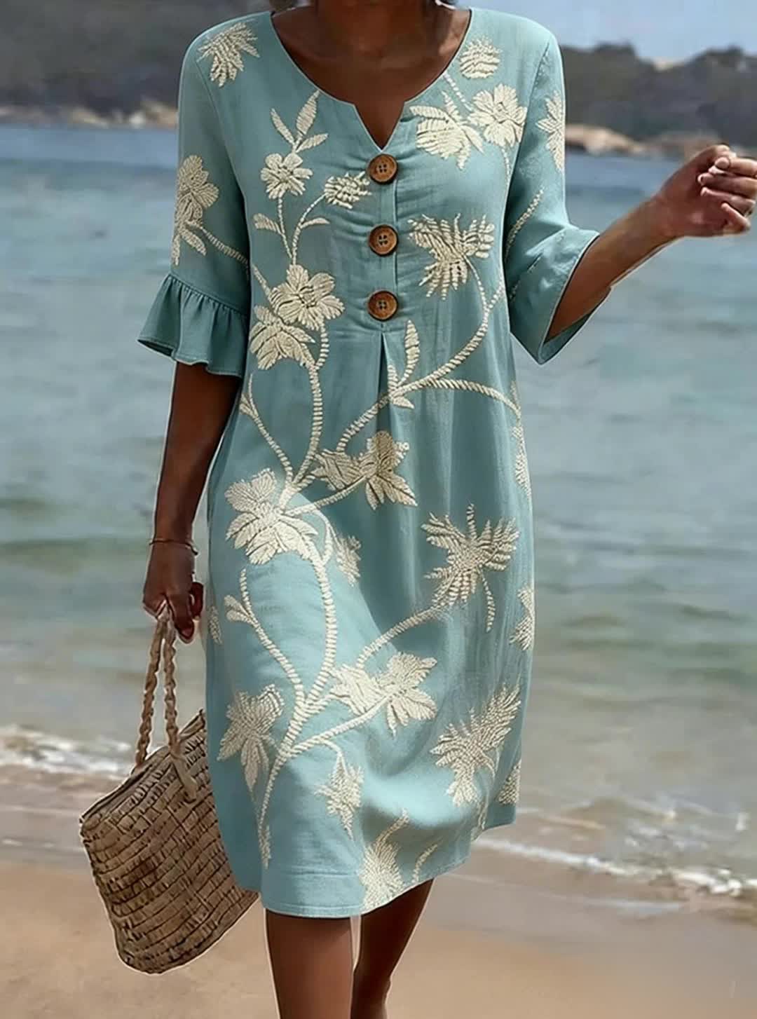 Women Floral V-Neck Midi Dress Button Front 3/4 Sleeve Pockets - Image 2