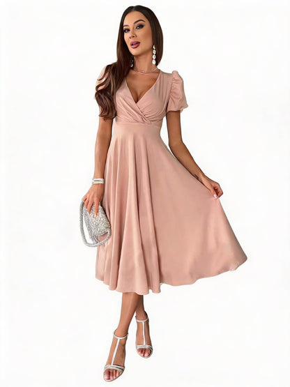 Women Puff Sleeve Midi Dress Fit and Flare Wedding Guest