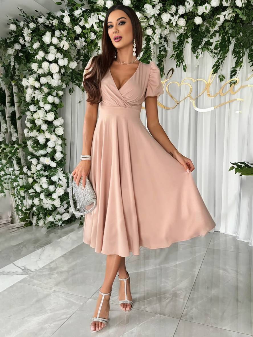 Women Puff Sleeve Midi Dress Fit and Flare Wedding Guest - Image 2