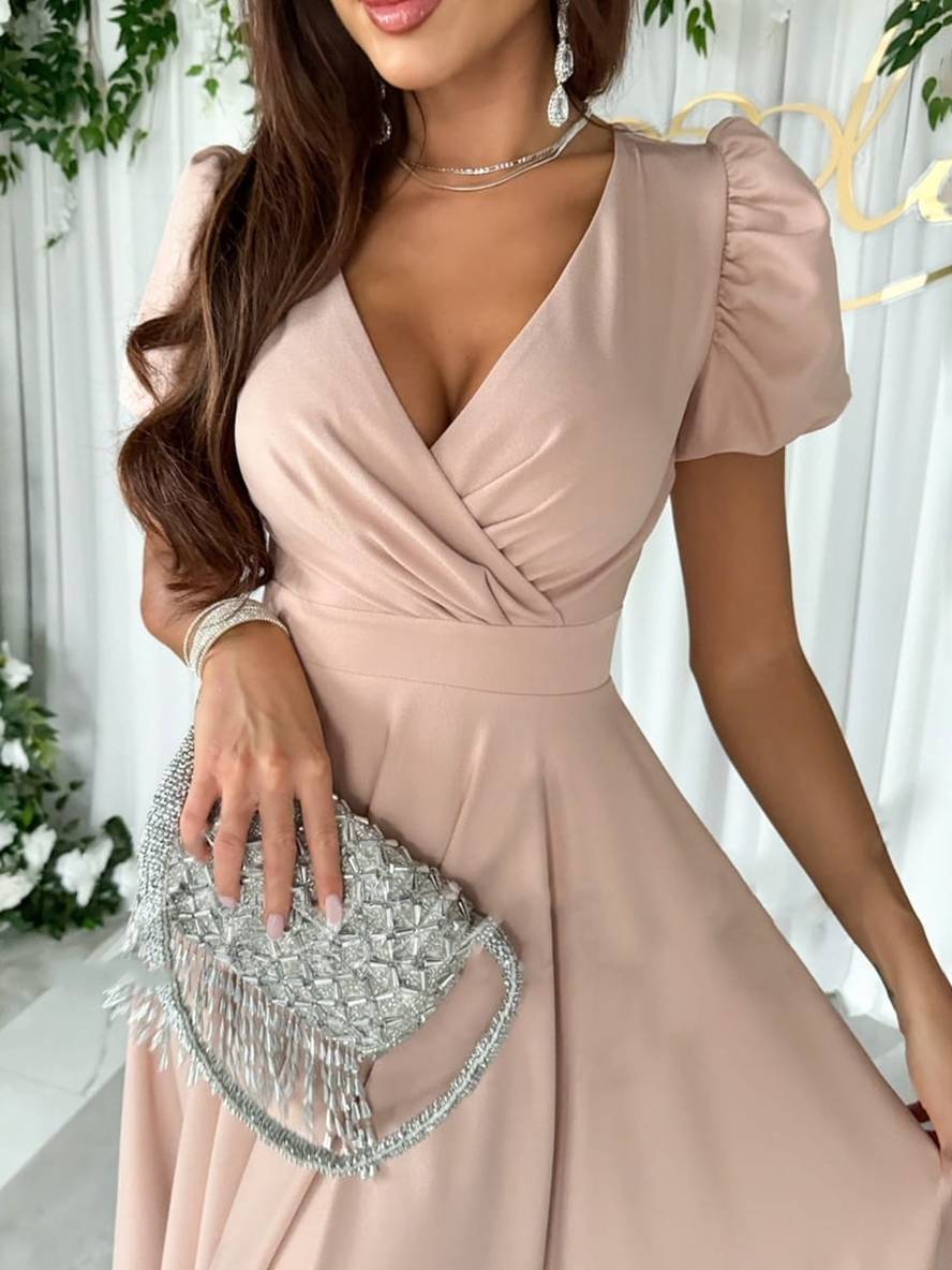 Women Puff Sleeve Midi Dress Fit and Flare Wedding Guest - Image 3