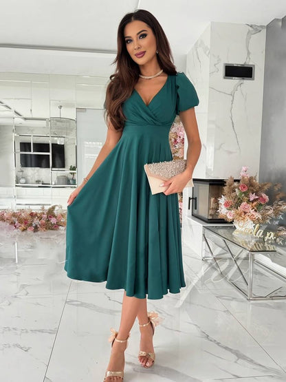 Women Puff Sleeve Midi Dress Fit and Flare Wedding Guest - Image 4