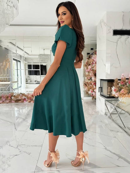 Women Puff Sleeve Midi Dress Fit and Flare Wedding Guest - Image 5