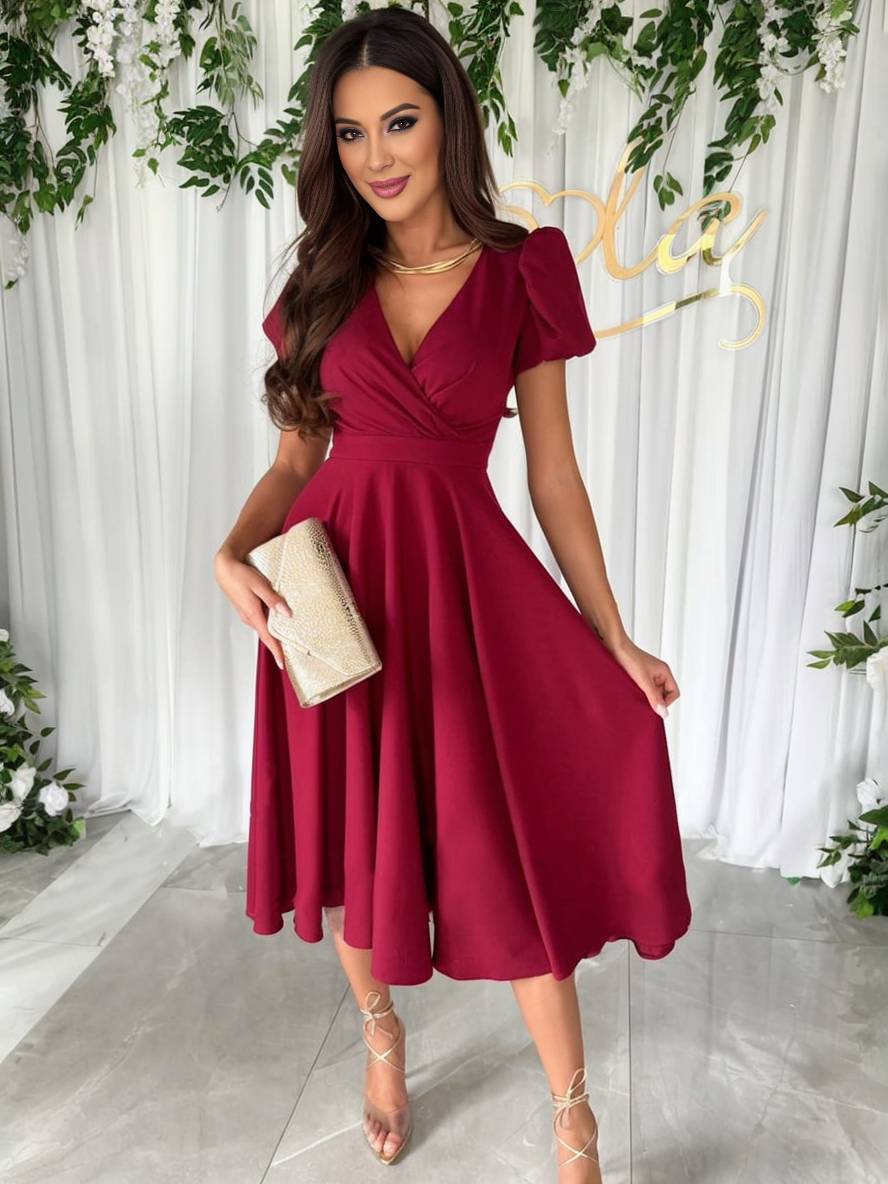 Women Puff Sleeve Midi Dress Fit and Flare Wedding Guest - Image 7
